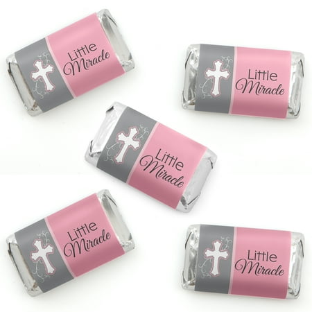 Baptism Candy Wrappers - Little Miracle Girl Pink & Gray Cross - Mini Candy Bar Wrapper Stickers - Baptism or Baby Shower Small Favors - 40 Count