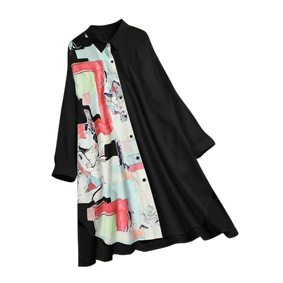Fesfesfes Women Casual Dress Turn-down Collar Long Sleeve Printed Loose Buttons Shirt Dresses