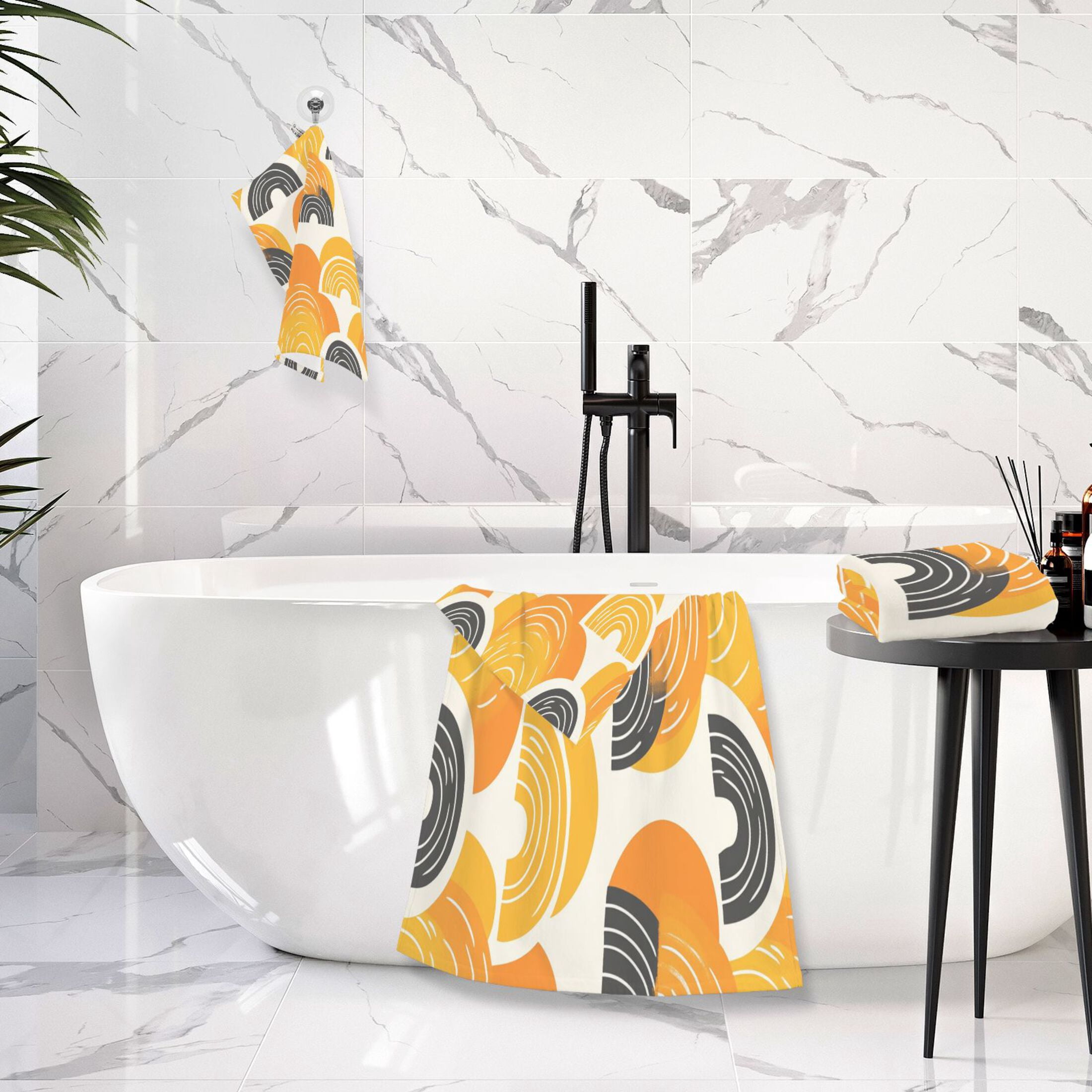 Orange Color Pattern 2 Piece Cotton Bath and Face Towel Set Soft and Absorbent, for Beach Pool Bathroom