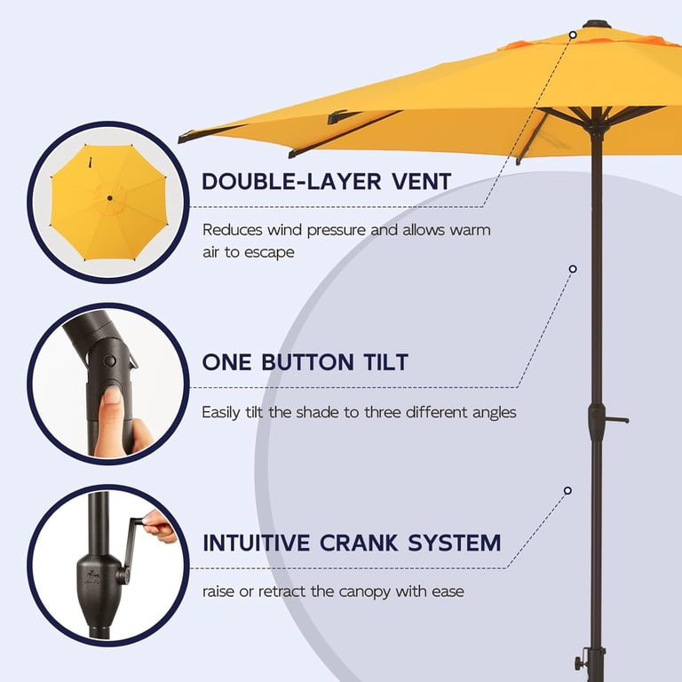 abba yellow patio umbrella Abba Patio 9ft Outdoor Patio Umbrella w/ Push Button Tilt and Crank, 8 Ribs, Yellow, Size: 9'