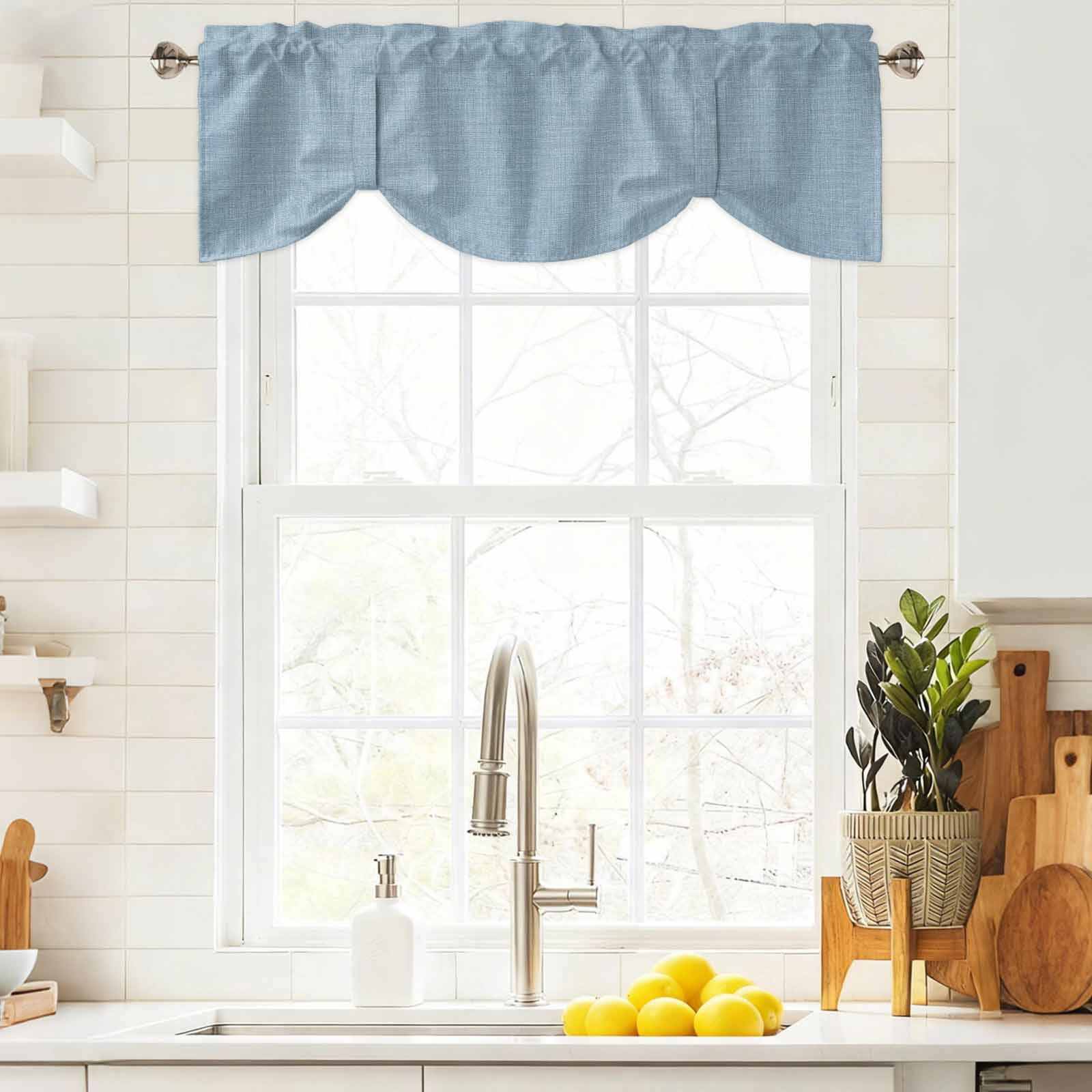 Vintage Sky Blue Tie Up Valance Curtains for Windows, Kitchen Curtains Window Treatments, Farmhouse Retro Solid Color Linen Texture Short Window Shades Valances for Bedroom Bathroom Cafe 54"x18"