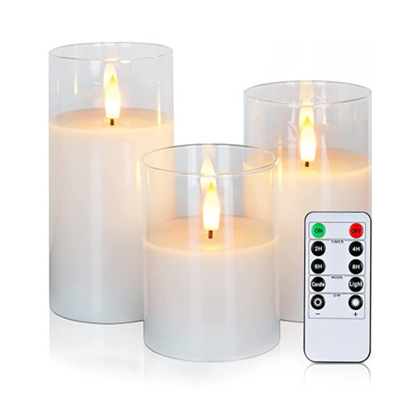 Ensemble de 3 Bougies Sans Flamme en Verre Transparent Vacillantes avec Télécommande, Bougies à Piles LED pour Décoration Intérieure et Mariages (D3in H4in 5 Po 6 Po)