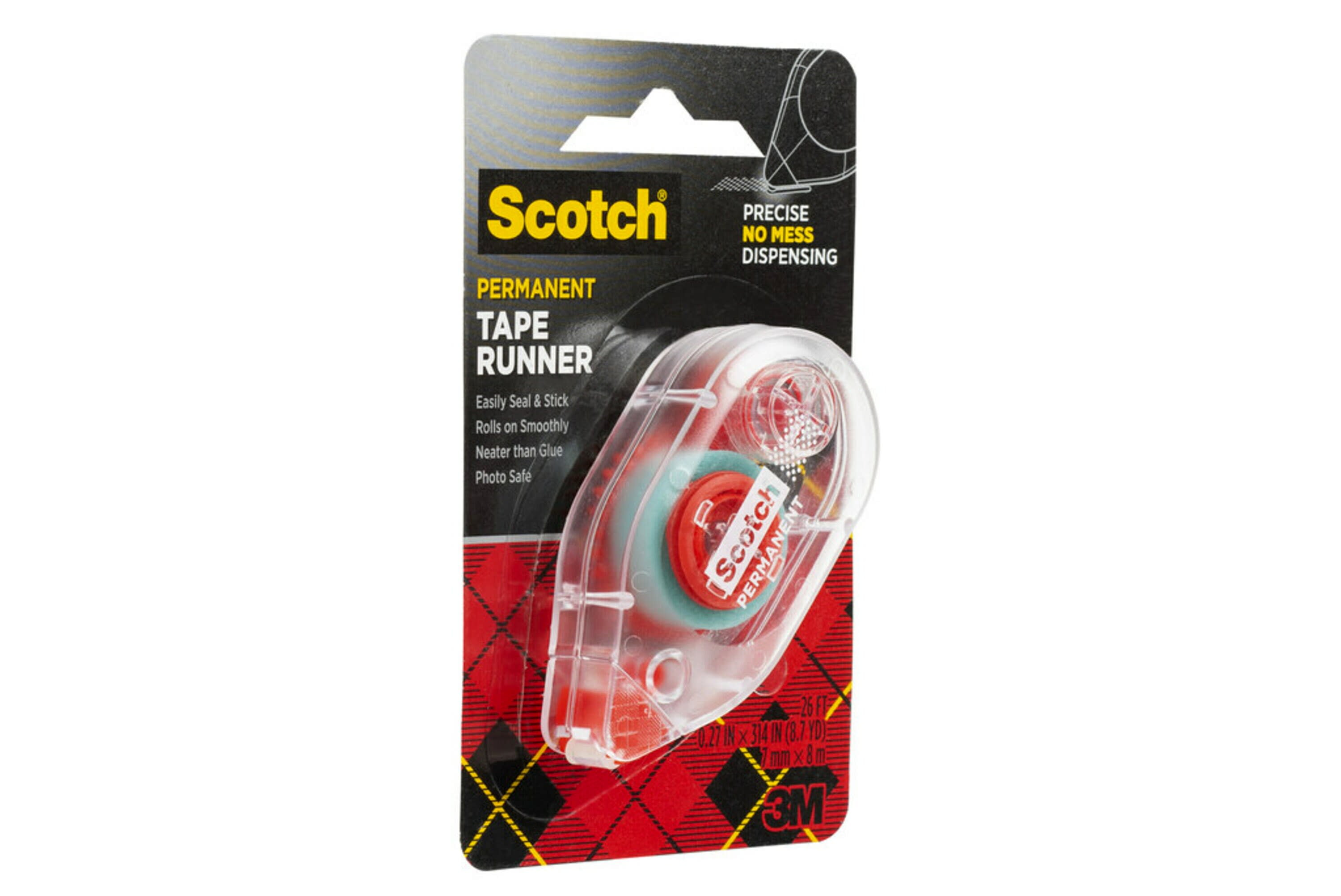 Scotch Double Sided Permanent Tape Runner, .27 in x 26 ft, Red, 1