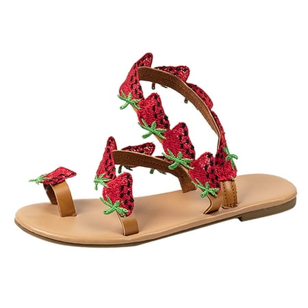 

GWAABD Comfortable Slides for Women Summer Strawberry Decoration Flock Slip On Casual Open Toe Flat Soft Bottom Breathable Shoes Sandals