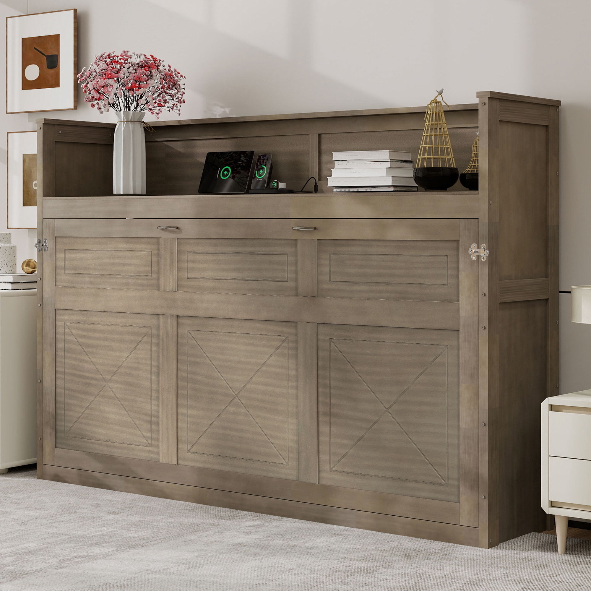 Euroco Wood Twin XL Murphy Bed with Desk and LED Light, Storage Wall Bed with USB Charging Station