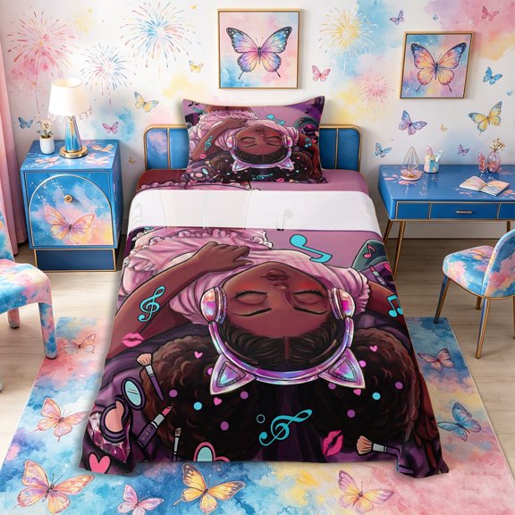 Castle Fairy Stylish Black Girl Twin Sheets 3pcs,Music Makeup Print Bedding,Purple,1 Fitted Sheet, 1 Flat Sheet and 1 Pillowcase
