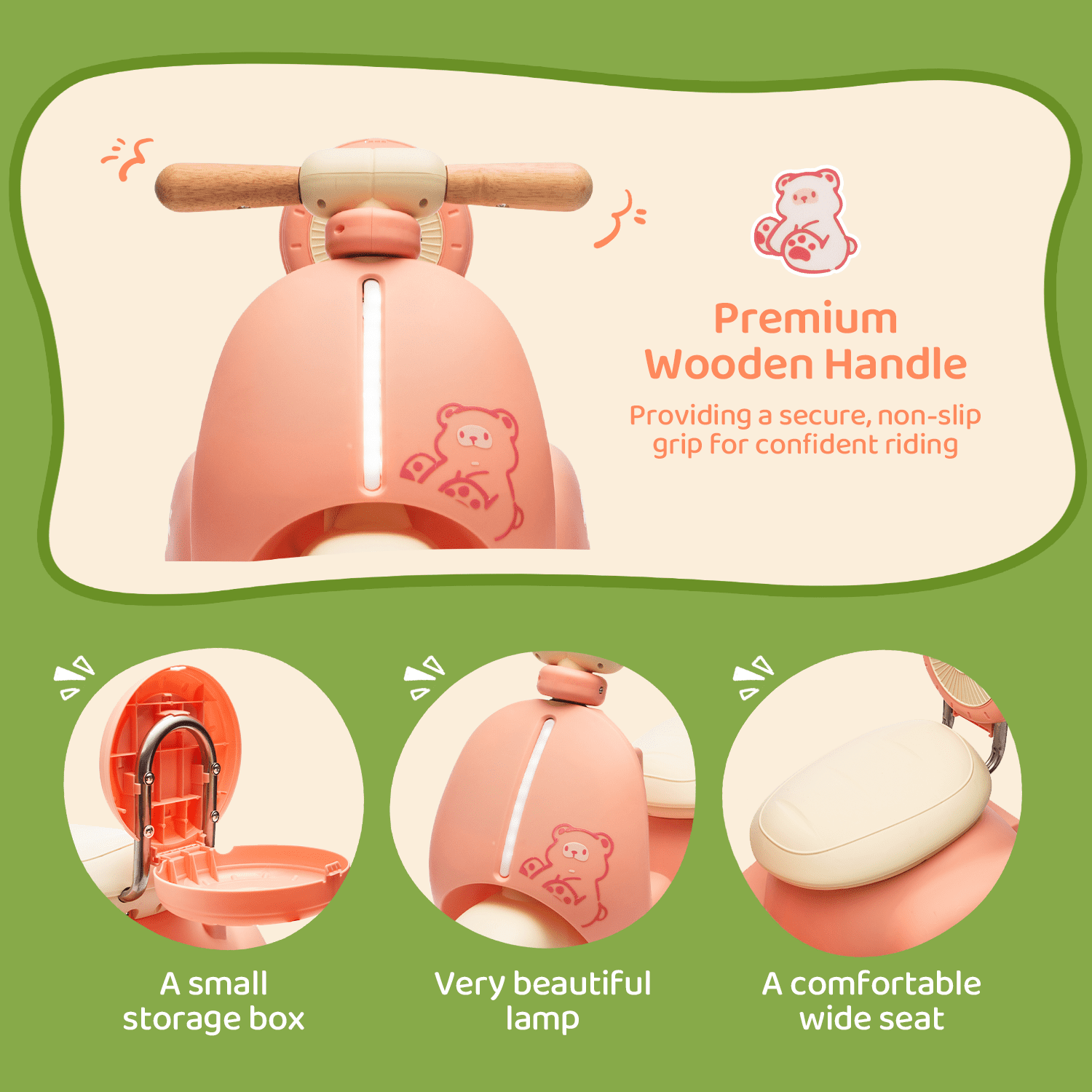 Track Seven 12V Ride on Motorcycle, 3-Wheel Toddler Electrc Scooter with Remote Control, Bluetooth, Wide Seat, Wooden Handle, Slow Start, Electric Motorycle for Boys Girls Aged 1-3 Years, Pink