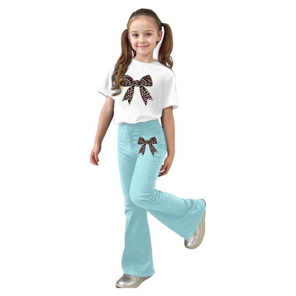 RUTAYY Children Girls Outfit Sets Personality Print Flare Pants and Short Sleeve Round Neck Tops 2 Piece Comfy Fashion Travel Sets