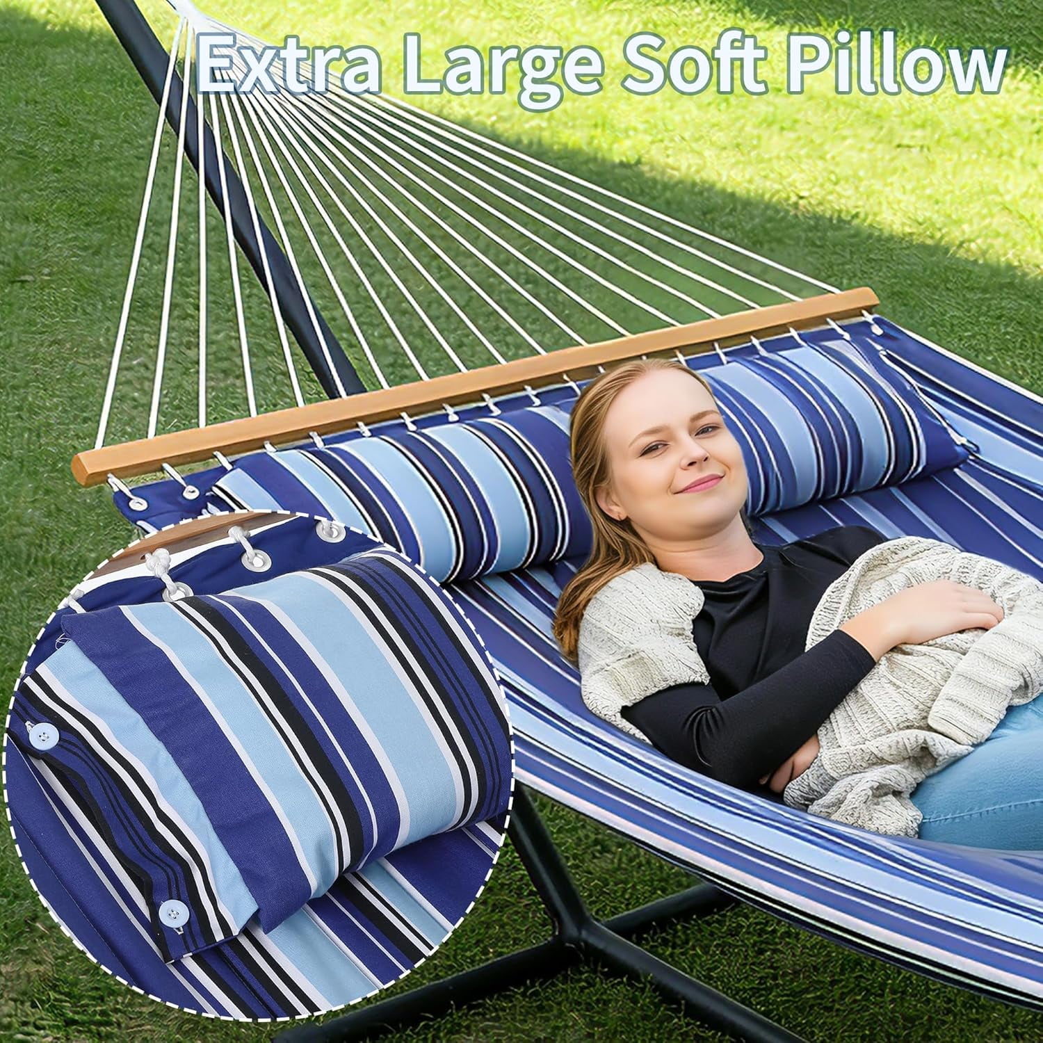 Double Hammock with Stand for 2 Person, Heavy Duty 475lb Capacity Outdoor Freestanding Hammock Bed with Steel Frame, Quilted Pillow & Carry Bag - Easy Assembly, Blue