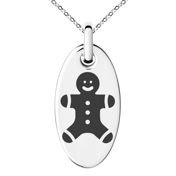 Stainless Steel Jolly Gingerbread Man Engraved Small Oval Charm Pendant Necklace