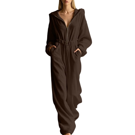 QQZ Wide Leg Hooded Jumpsuit For Women, Zip Front Elastic Waist Corduroy Casual Jumpsuit For Loungewear Vacation Daily Wear