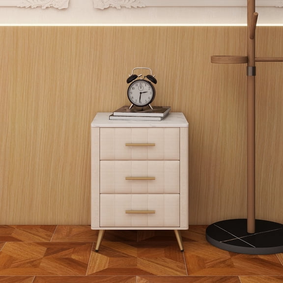 Upholstered Wooden Nightstand with 3 Drawers and Metal Legs&Handles, Bedside Table with Marbling Stickers Worktop - Beige