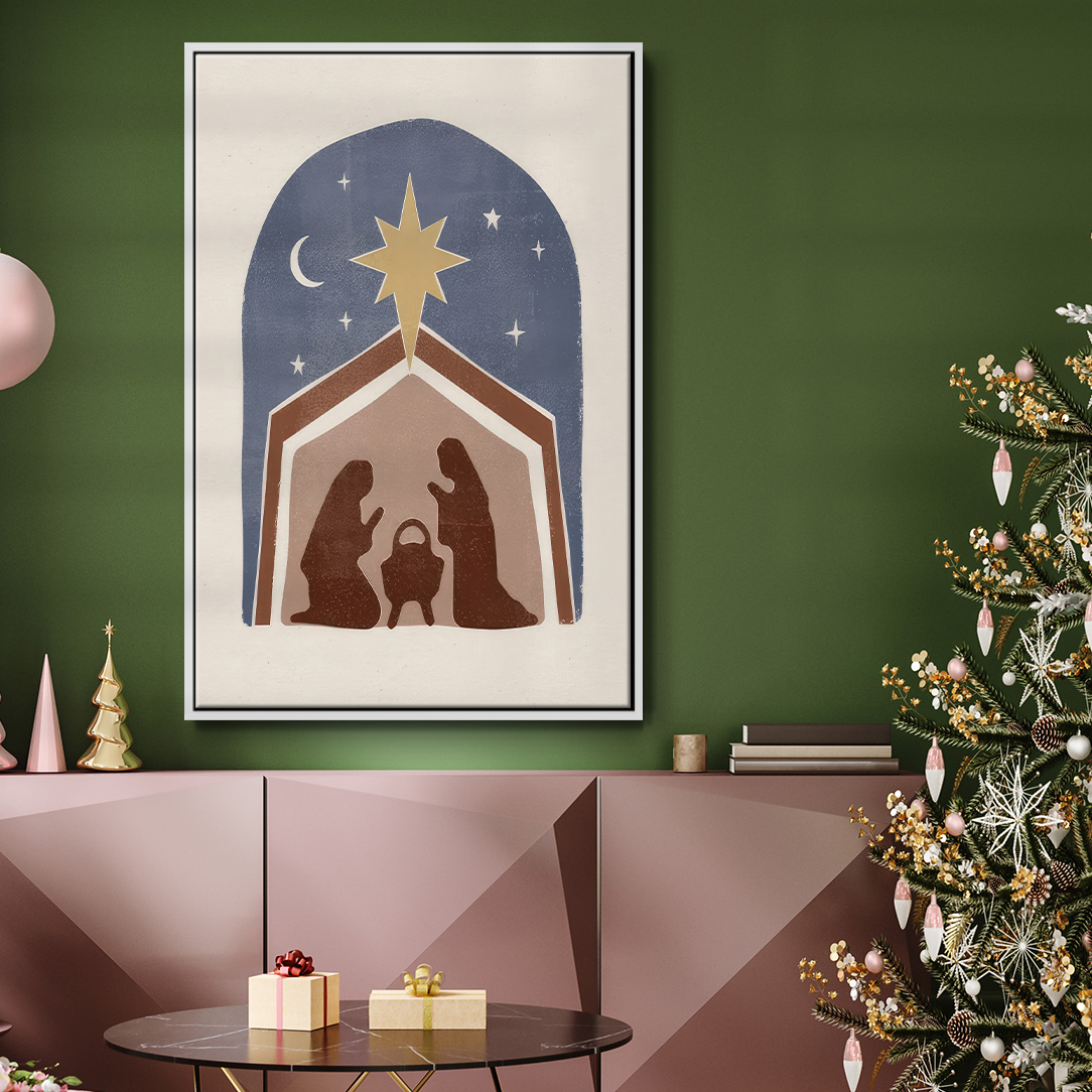 Boho Nativity I - Framed Gallery Wrapped Holiday Canvas - 27 x 41 - White Frame