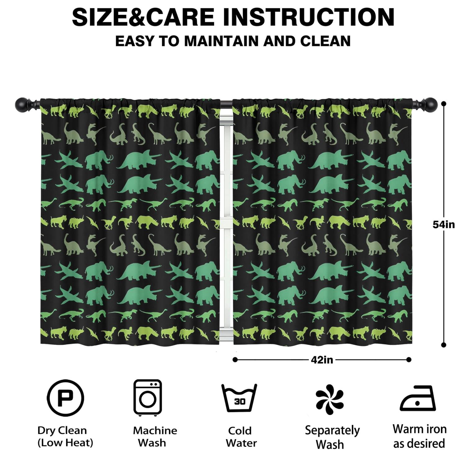 Blackout Kids Curtains,Green Dinosaurs MultiShapes Pattern Childrens Insulated Curtains Set Of 2,Bedroom Essentials,Toddler Room Decor 42"x54"