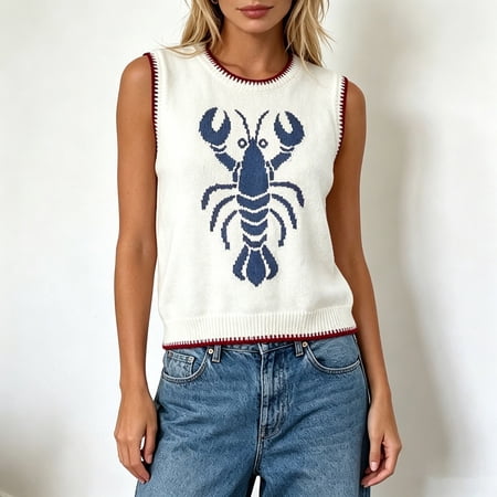 Sweater for Women Lobster Print Round Neck Sleeveless Knit Vest Contrast Design Dense Versatile Top Blue L