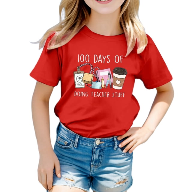 TZEWGL Cute Shirt For Infnat Solid Color Letter Printed Round Neck Short Sleeved Clothes For Kids size 3-4T
