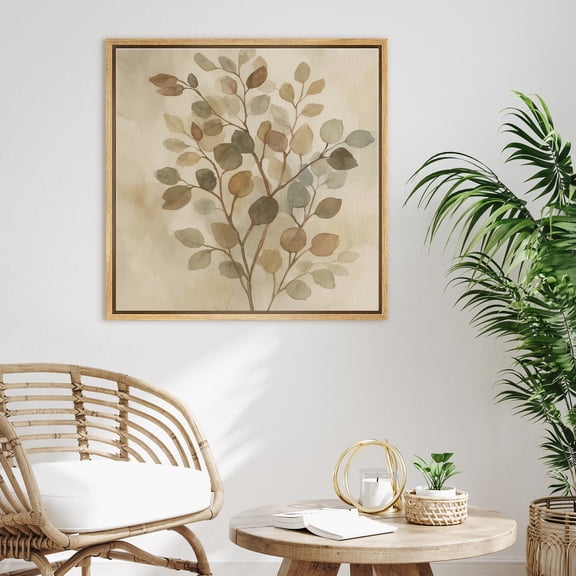 Framed Canvas Print Leaves Wall Art Botanical Decorative for Living Room Bedroom - 16"x16" NATURAL