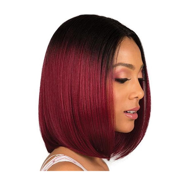 peluca pelo corto liso negro degradado rojo vino fiesta diaria peluca mujer natural como cabello real-Negro degradado rojo vino