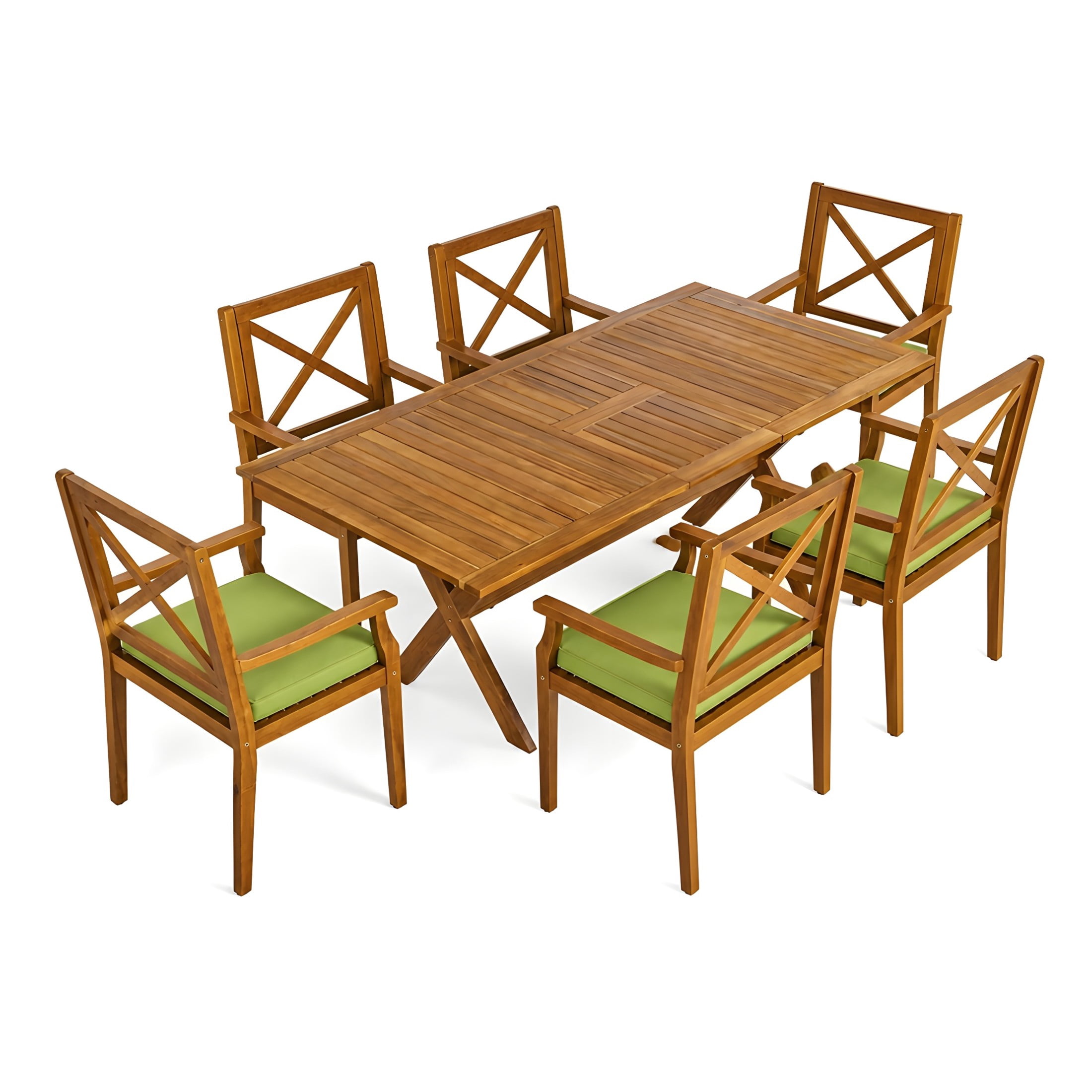 Christopher Knight Home 7-Piece Outdoor Wood Dining Set, Extendable Table with Rustic Chairs, Teak+Green