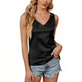 thumbnail image 1 of Women Summer Double V-Neck Satin Camisole Blouses Shirts Solid Color Sleeveless Casual Loose Fit Basic Tank Top Vest Black, 1 of 5