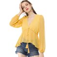 thumbnail image 3 of Top de gasa transparente Allegra K con mangas largas y cuello en V profundo Amarillo M, 3 of 6