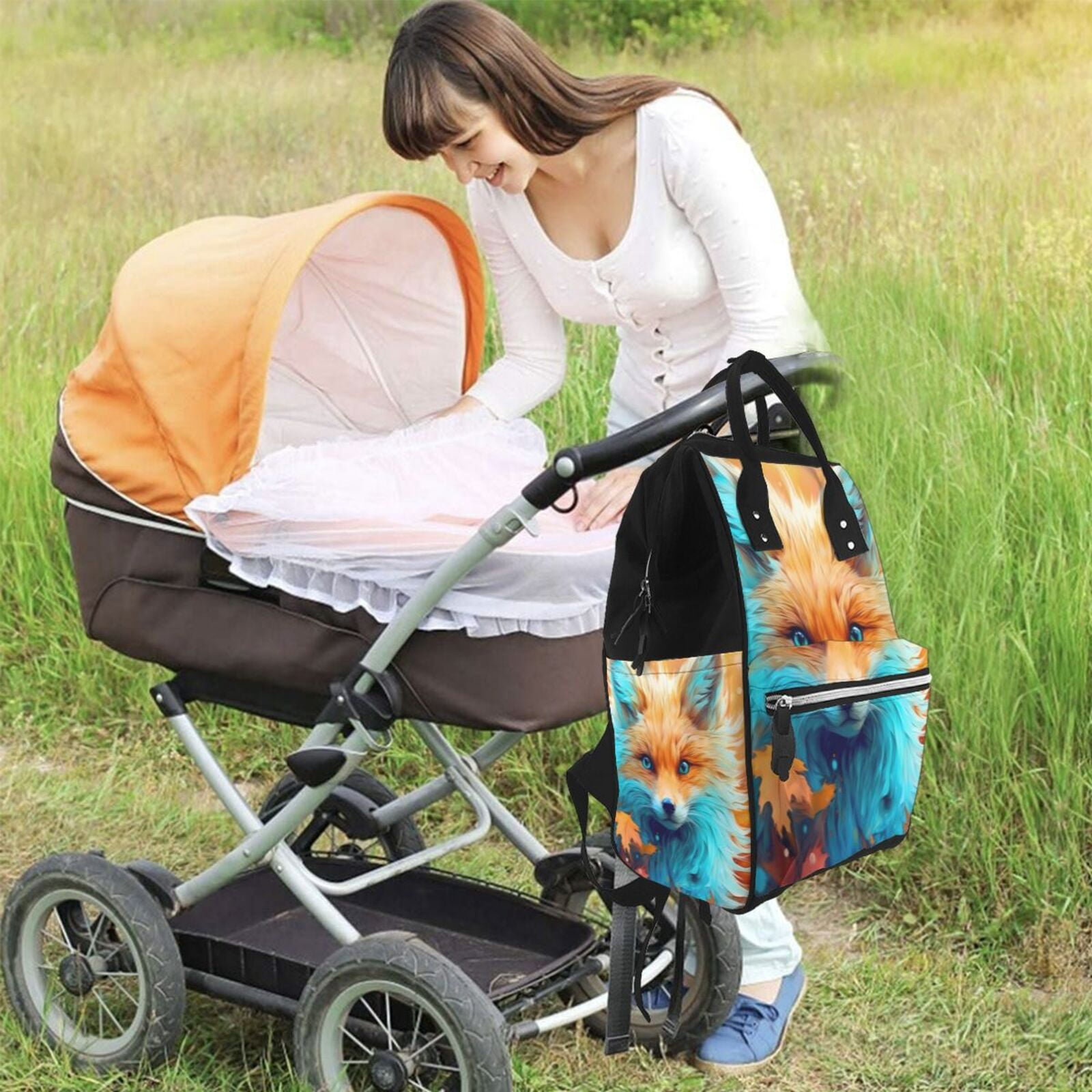 Fuzoiu Fiery Red Maple Leaf Fox Print Diaper Bag Backpack,Baby Essentials Travel Tote,Multi function Waterproof Diaper Bag, Travel Essentials Baby Bag - Unisex