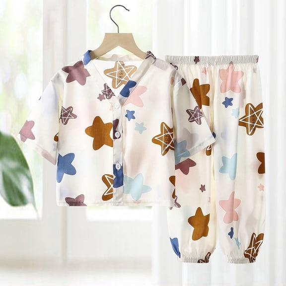 BOOMNY Toddler Girls 2 Peice Pajamas Sets Graphic Short Sleeve Buttons Sleepwear Tops Pants Pjs Set for Kids Cozy Loungewear Homewear
