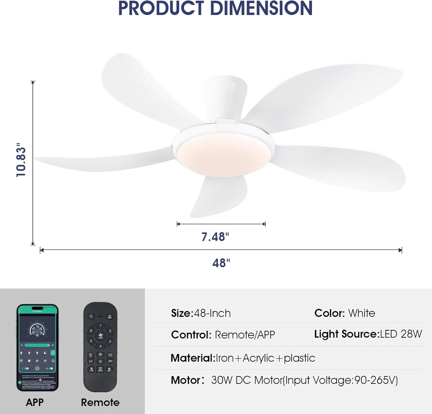 PHORUS 48" White Low Profile Ceiling Fan with Light and Remote, Dimmable 3-Color LED, 6-Speed Quiet Reversible DC Motor, APP Control, Energy-Efficient Indoor/Outdoor Ceiling Fan
