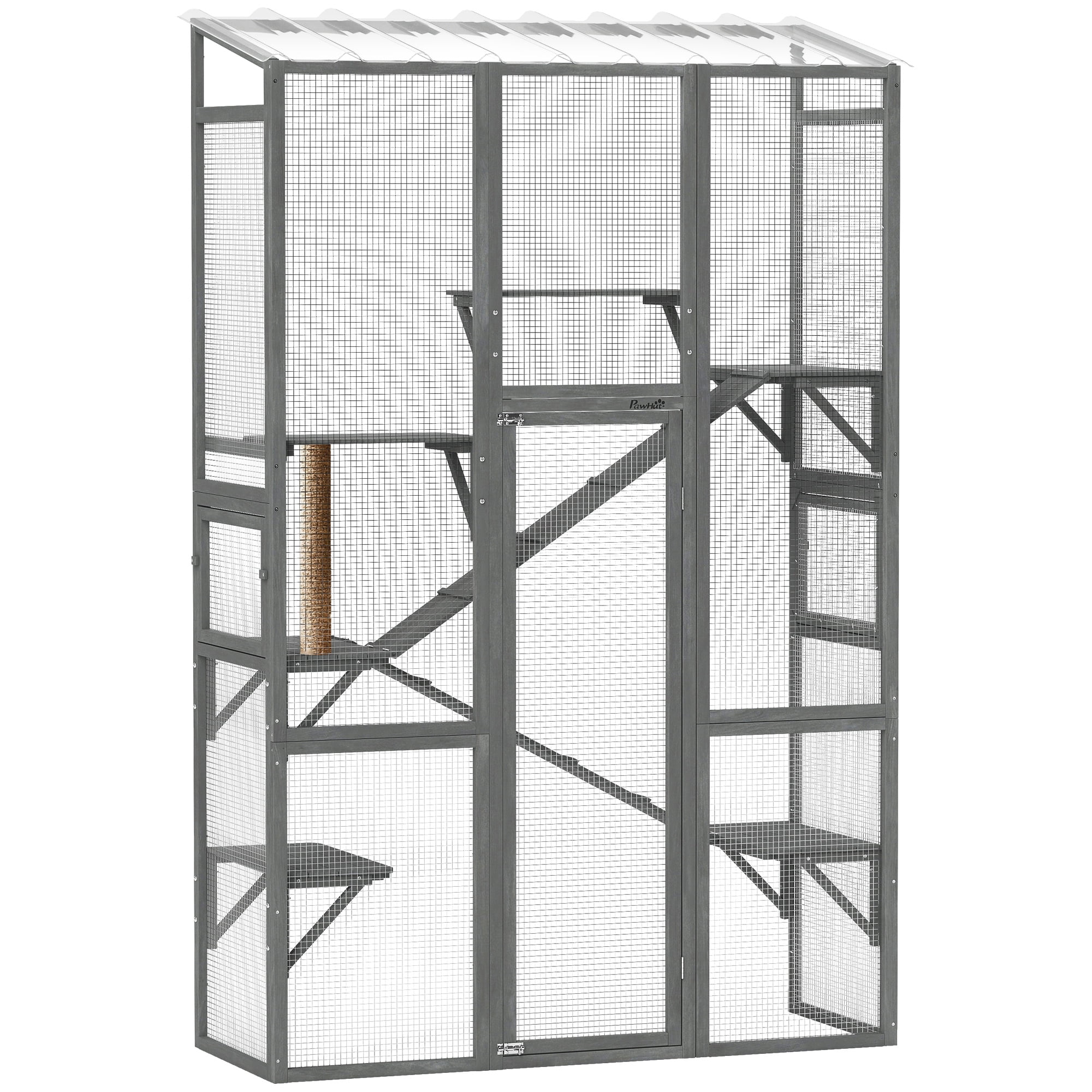 PawHut Outdoor Catio Cat Enclosure, Large Wooden Cat House with 6 Jumping Platforms, Scratching Post, 2 Ramps, Waterproof Roof, for 2-3 Kittens