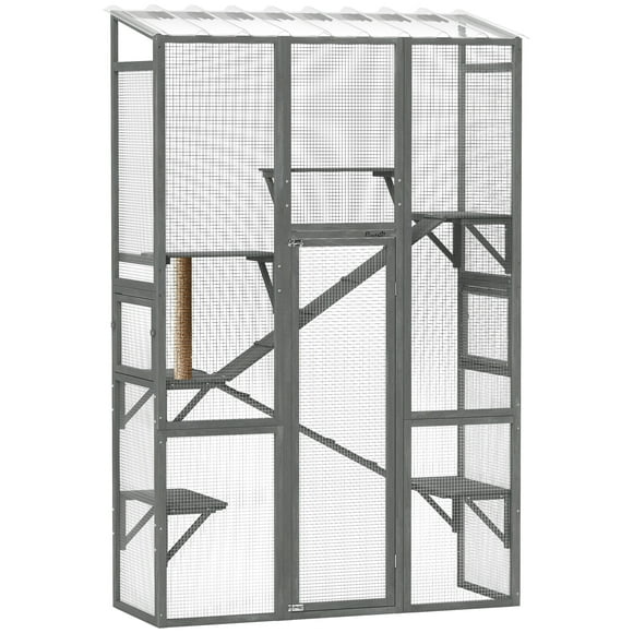 PawHut Catio Outdoor Cat Enclosure with 6 Jumping Platforms, Grey