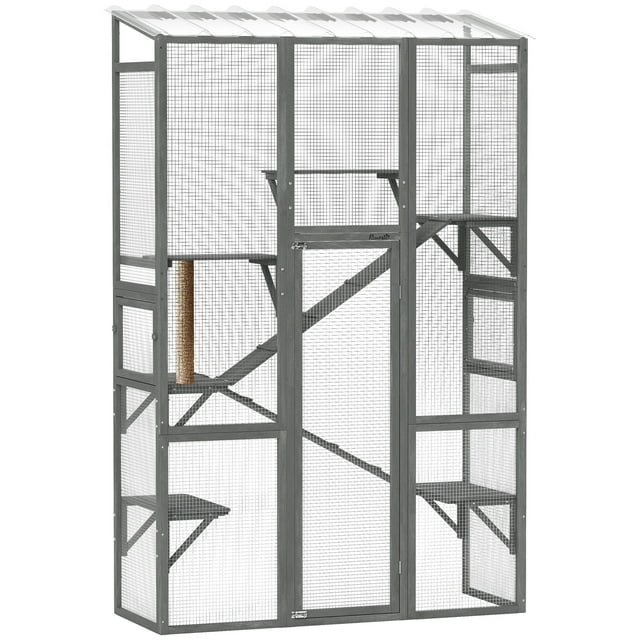 PawHut Enclos Extérieur pour Chat Catio avec 6 Plateformes Sautantes, Gris
