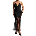 thumbnail image 1 of Vestido BELLA BARNETT sexy con cuello en V y flecos, estilo mini cóctel, negro, 1 of 5