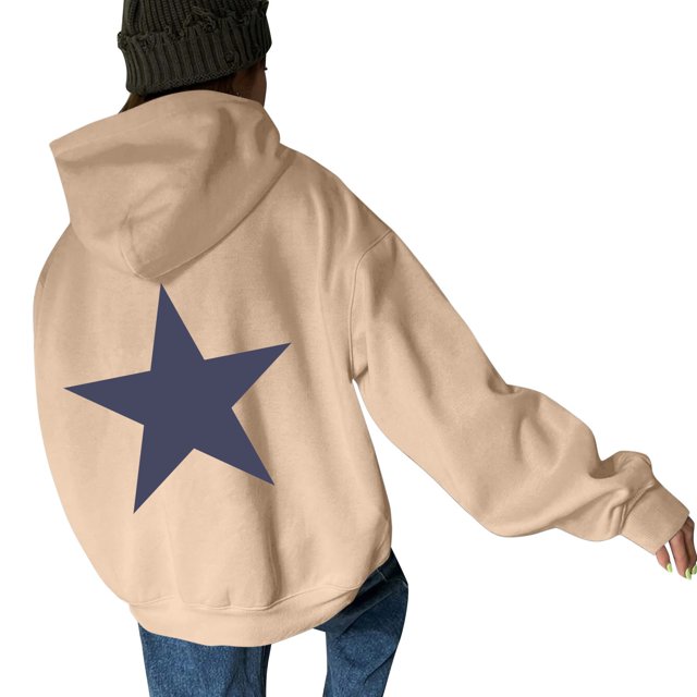 Women's Casual Long Sleeve Graphic Pullover Hoodie with Star Print Drop Shoulder Design