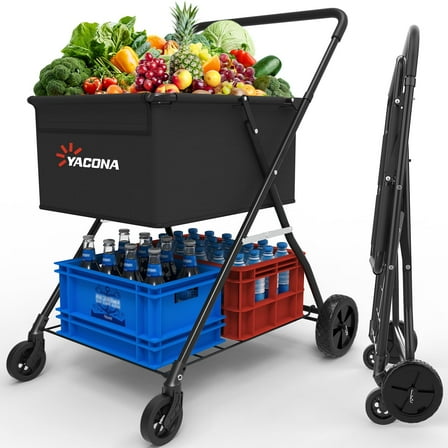 Collapsible Shopping Cart, Double-Decker Shopping Trolley, Grocery Cart on Wheels, 600D Oxford Cloth, Black