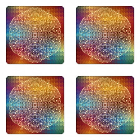 

Abstract Coaster Set of 4 Highly Detailed Floral Oriental Pattern on Geometric Colorful Background Artwork Square Hardboard Gloss Coasters Standard Size Multicolor by Ambesonne