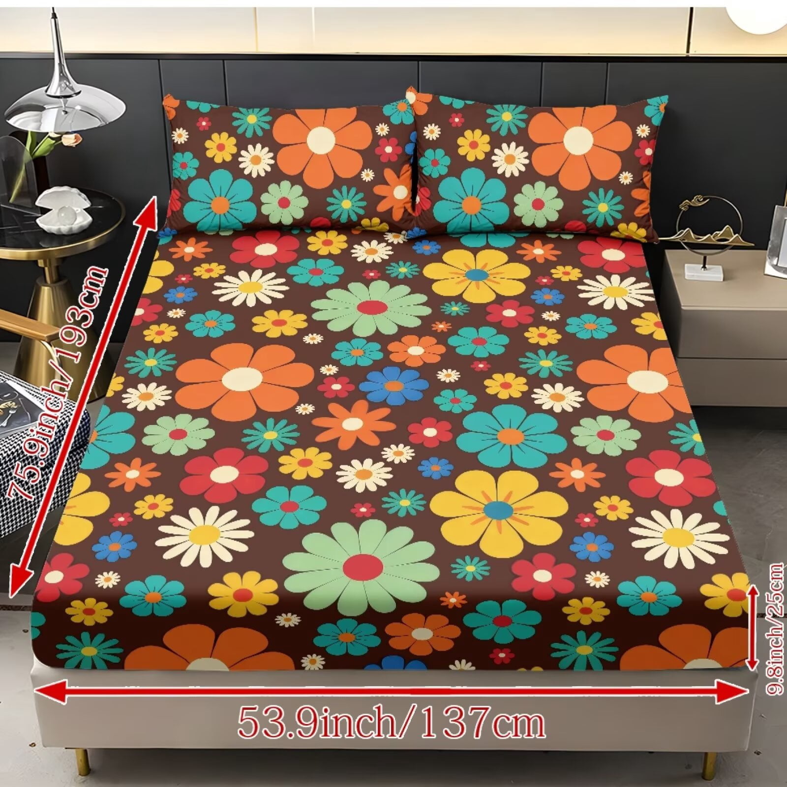 ZIATUBLES 3-Piece Twin Sheet Set, Brown Hippie Daisy Floral Print Cooling Sheets, Soft Cozy 9.8" Standard Pocket Twin Sheets with Pillowcases, Easy-Care Bedding for All Seasons