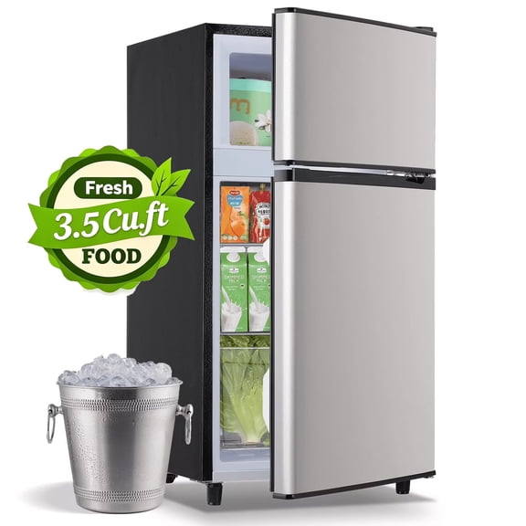 JIEJIA 3.5 Cu.Ft Small Fridge with Freezer, Small Refrigerator Separate Freezer, 7 Settings Temperature Adjustable, 2 Door Refrigerator for Office, Dorm, Bedroom, Apartment, Silver