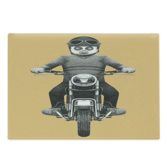 Lemur Cutting Board, Tropical Monkey Riding a Scooter Striped Pullover Casque Graphic Print, Decorative Tempered Glass Cutting and Serving Board, in 3 Sizes, by Ambesonne