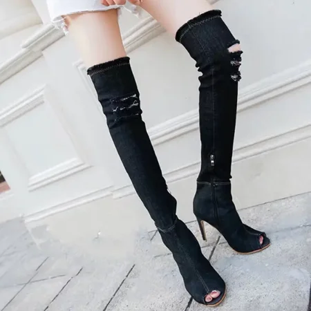 

Women‘s Denim Thigh High Boots Open Toe Stiletto Heels Ripped Boots Stylish Shoes Women‘s Footwear