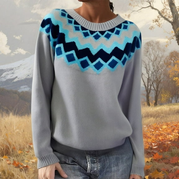 TrendOFT Fair Isle Sweaters for Women Oversized Vintage Long Sleeve Crewneck Sweater Fair Isle Knit Pullover Top Grey L