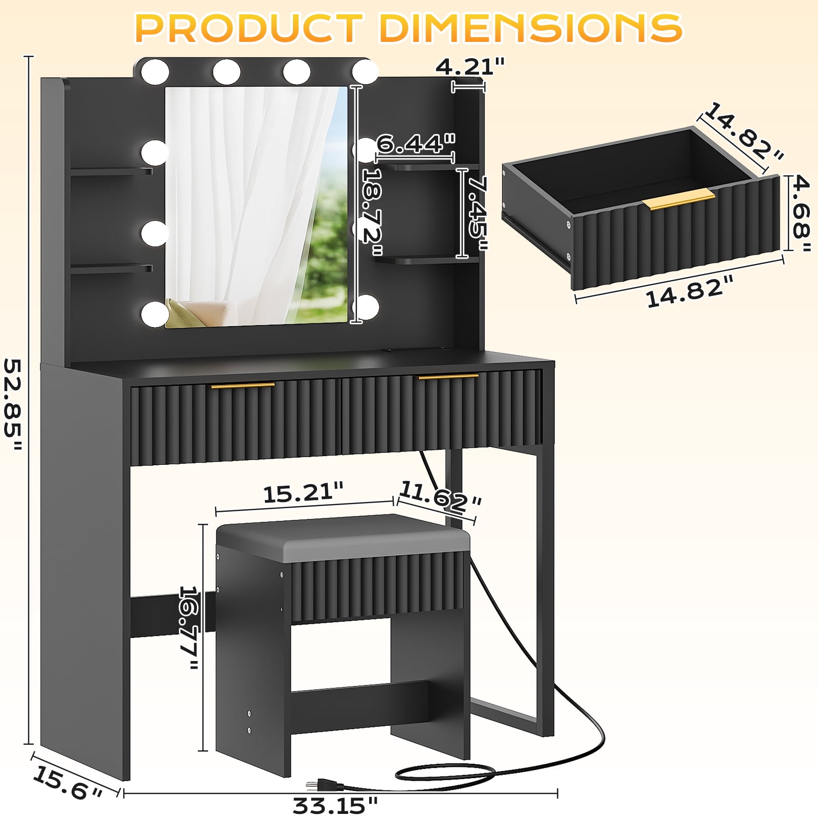Ktaxon Lighted Makeup Vanity and Stool, Black Vanity Table Set with 2 Drawer and Charging Station, Femal Gift
