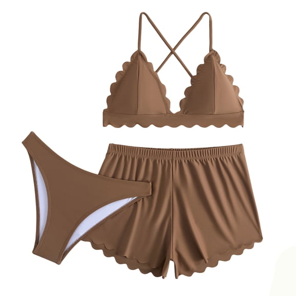 JSGEK Women's Tie Detail Swim Skirt Bikini Set Versatile Design Lightweight Fabric Beach Vacation Casual Wear Brown XL