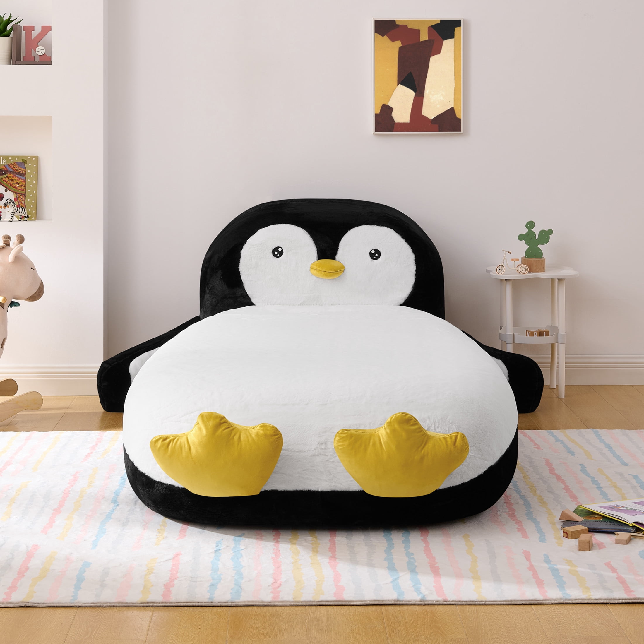Noble House Brento Twin Size Penguin Bed Lounger Chair, Fluffy Faux Fur Sleeper Sofa for Kids Playroom, Black & White