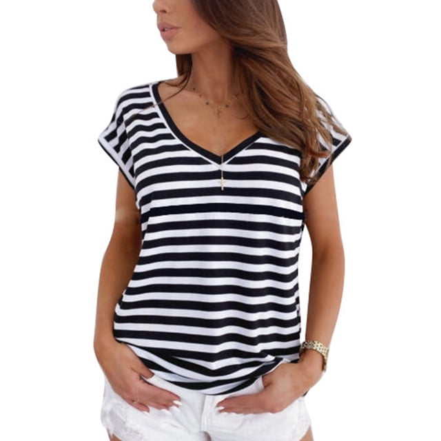 Blusa de manga corta a rayas estampada con cuello en V blusa de manga corta ajustada informal para mujer señora verano negro blanco L