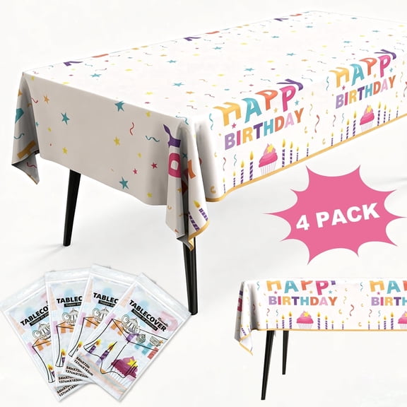 JILhome 4 Pcs Happy Birthday Table Cloth, Colorful Tablecloth Rectangular, 54 x 72 Inch Happy Birthday Party Decorations for Party, Birthday, Graduation