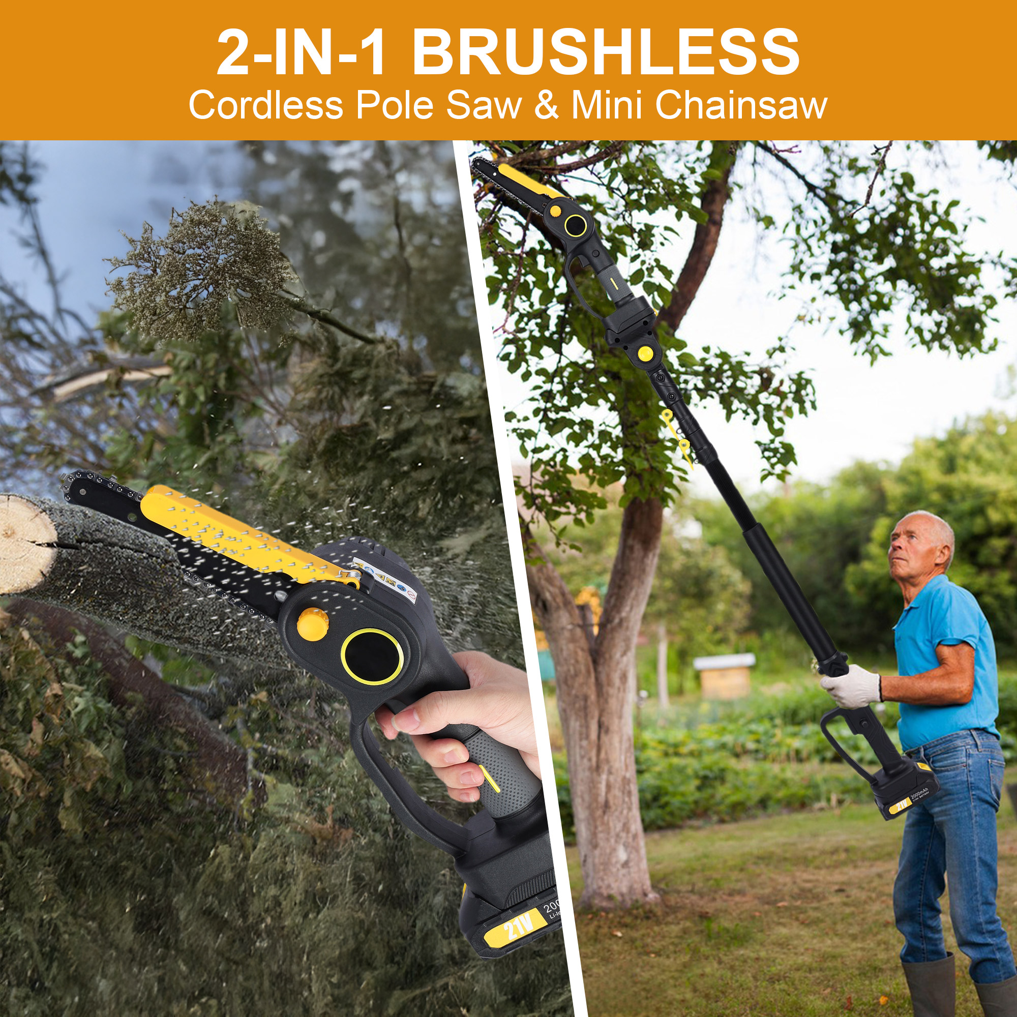 Fompes 2-in-1 Cordless Pole Saw & 6" Mini Chainsaw 4.9-7.5FT Telescoping Branch Cutter with 2PCS 2.0Ah Batteries and a Charger Brushless Pole Saw for Tree Trimming Wood Cutting