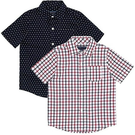 French Toast Boys' Short Sleeve Shirt (2-Pack Navy Stars, White Check, XL (14/16))