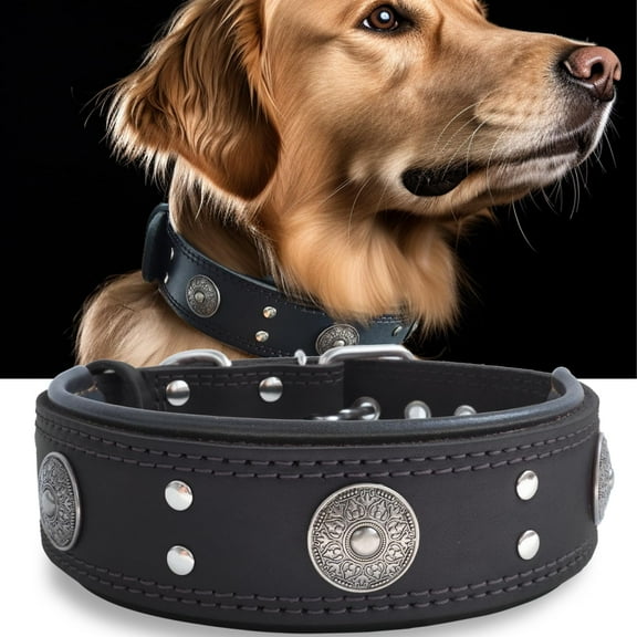 TJOUL Leather Dog Collar, 2 inches Wide Heavy Duty Genuine Leather Collars, Handmade, Soft, and Luxury, Eye-catching Best Choice for Large and Medium Breed Dogs 22.5-26.5 inches