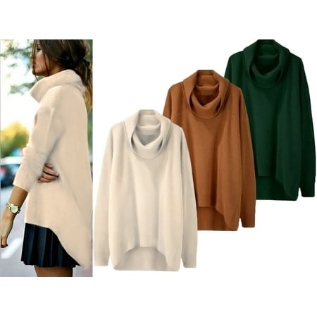 Neck Kit - DYMADE Womens Loose Sweater Winter Warm High Neck Bat-Wing Long Sleeve Irregular Knitted Turtleneck Pullover Jumper Oversize Tops