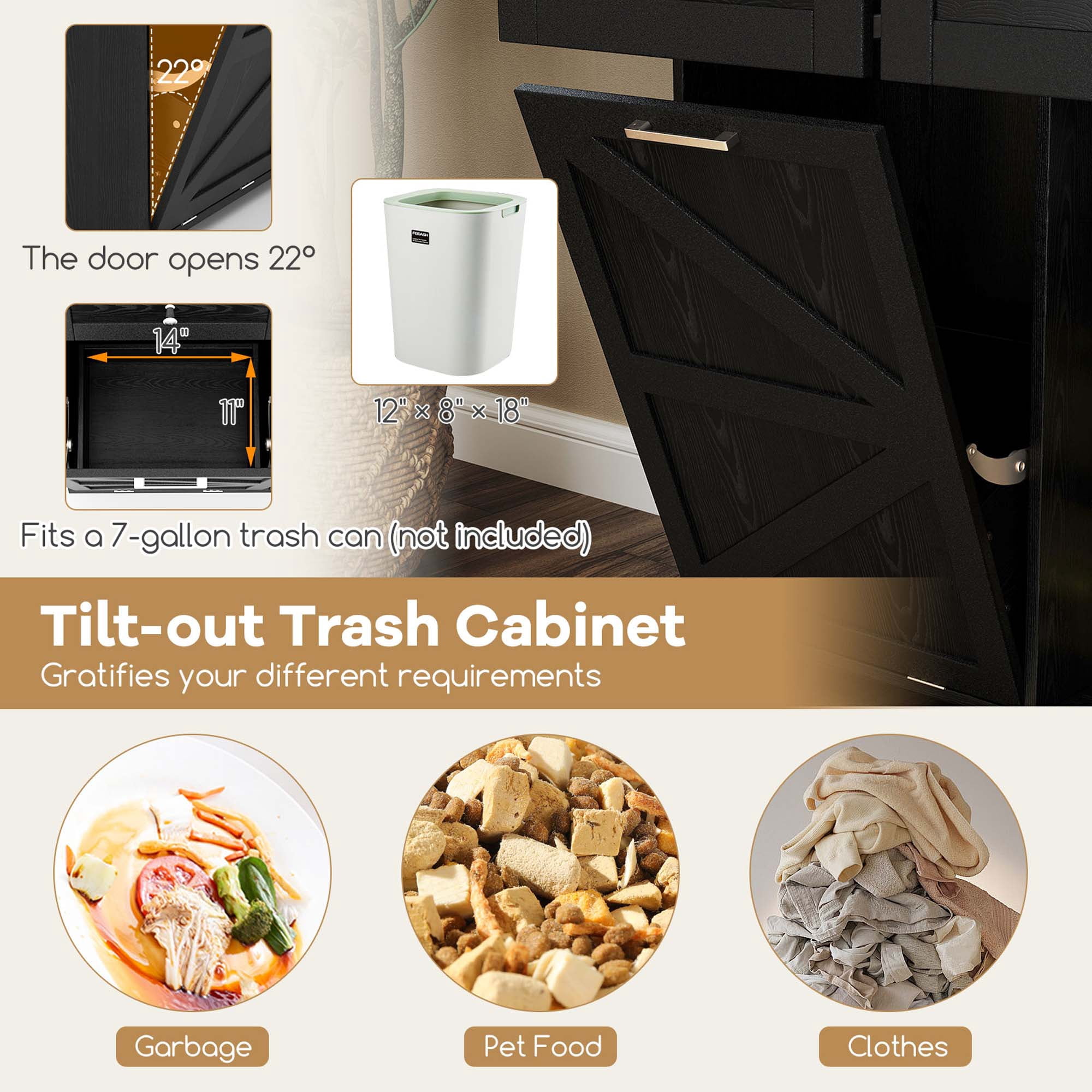 Costway Rolling Kitchen Island Kitchen Island Cart with Drop Leaf Trash Can Cabinet Black